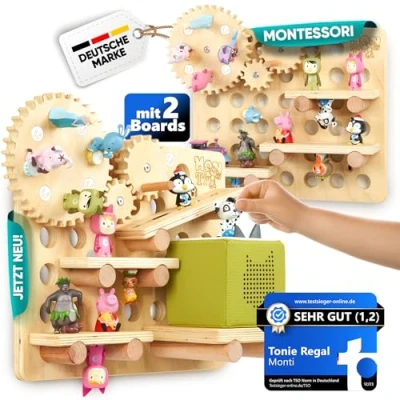 Abbildung von Monti Tonie Regal 2er Set für Tonies + Toniebox [stabiles Montessori Spielzeug] XL 75 Toniefiguren Box Mädchen und Jungen Kreativ Tonieregal zur Aufbewahrung Zubehör Starterset