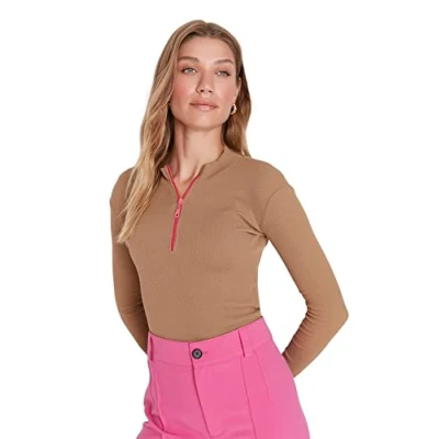 Abbildung von Trendyol Damen Woman Regular Standard Standing Collar Knit Blouse Hemd, Mink Color, Medium