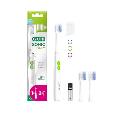 Abbildung von GUM SONIC DAILY batteriebetriebene elektrische Schallzahnbürste besonders Für unterwegs geeignet eine sanfte und gründliche Reinigung 1x Zahnbürste, 2x Ersatzbürstenköpfen, Batterie Weiß