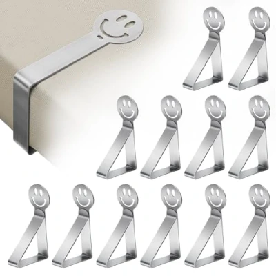 Abbildung von GlasFlength Tischtuchklammern Edelstahl, 12 Stück Tischdeckenklammern Tischabdeckungsklemmen Tischklammern Tischdecke Clips Wetterfeste Tischtuch für Gartentisch Restaurant Campingtisch (Smile)