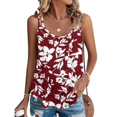 Abbildung von WNEEDU Damen Tank Tops Sommer Spaghetti Cami Oberteile Ärmellose Rundhalsausschnitt Blusen Top Shirts Rote Weiße Blume L