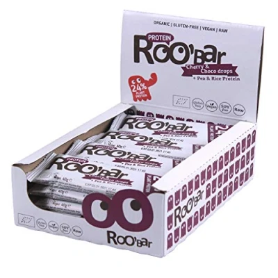 Abbildung von Roobar Protein Kirsche &amp; Schokodrops 100% Bio, Vegan Proteinriegel, Milchfrei Glutenfrei 16 x 40g Riegel in einer Box