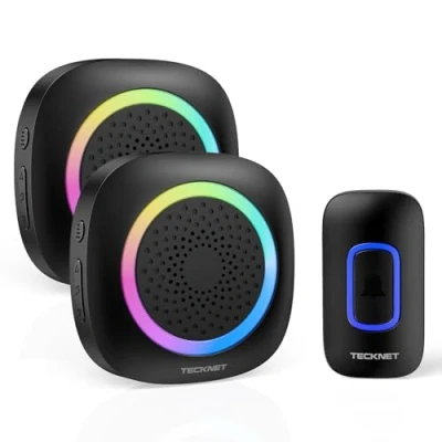 Abbildung von TECKNET Funkklingel, Funkklingel Aussen Wasserdicht 2 Empfänger mit RGB Licht, 60 Melodien, IP66 Funk Klingel Set, 400m Kabellose Türklingel Batteriebetrieben Kit 4,5 Jahre Lebensdauer