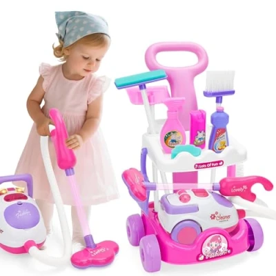 Abbildung von deAO Putzwagen für Kinder, Besenwagen mit Heimspielzeug Zubehör inkl. Kinderstaubsauger Saug, Besen u.v.m. Reinigungswagen ab 2 3 Geburtstage