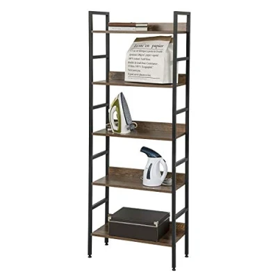 Abbildung von eSituro Standregal Badregal Küchenregal Badezimmer Bücherregal Aufbewahrung Leiterregal Stufenregal platzspazierend modern Stil 5 Ablagen Schwarz+Nussbaum Metall+MDF 60x27.5x160CM SSTR0056