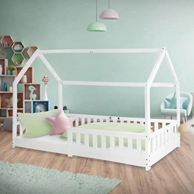 Abbildung von ML DESIGN Kinderbett Hausbett mit Rausfallschutz, Dach und Lattenrost Massivholz, Bett 200x90cm Weiß Matratze 16cm für Mädchen Jungen Holzbett