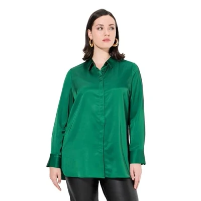 Abbildung von Ulla Popken Damen große Größen Übergrößen Plus Size Satin Hemdbluse, hinten länger, Hemdkragen, Langarm