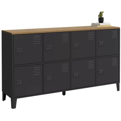 Abbildung von IDMarket Sideboard Spind 139 cm Ester 8 Türen aus Metall schwarz Holzplatte Industriedesign