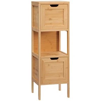 Abbildung von kleankin Badezimmerschrank Badschrank Aufbewahrungsschrank mit Kippschutz aus Bambus, Unterschrank 2 Schubladen, Lanfhausstil Beistellschrank, Naturholz, 30 x 90 cm