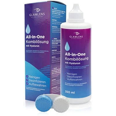 Abbildung von Glamlens by Funnylens Kontaktlinsen Flüssigkeit mit HYALURON 350ml Kontaktlinsenflüssigkeit Pflegemittel ALL IN ONE Kombilösung für weiche Linsen Behälter Premium Fluessigkeit