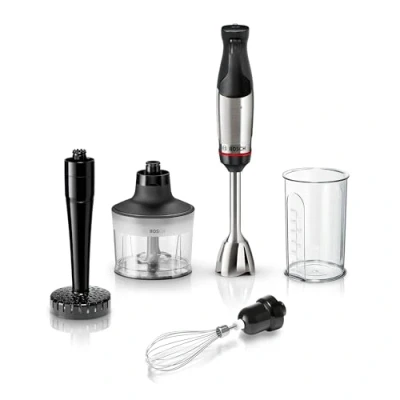 Abbildung von Bosch Stabmixer ErgoMaster Serie 6 MSM6M633, einhändig bedienbar, 4 Edelstahl Klingen, verschleißfreie Keramik Kupplung, luftgekühlter Motor, Zerkleinerer, Schneebesen, 1.000 W