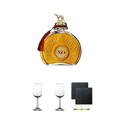 Abbildung von Landy XO Cognac Frankreich 0,7 Liter + Nosing Gläser Kelchglas Bugatti mit Eichstrich 2cl und 4cl 2 Stück Schiefer Glasuntersetzer