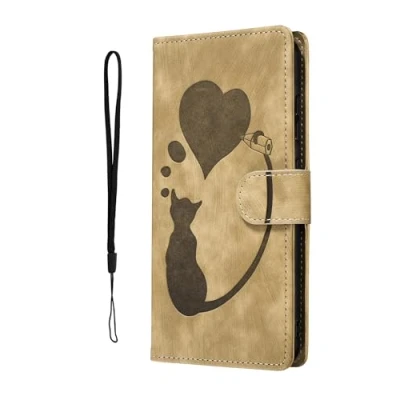 Abbildung von Nodigo EU Kompatibel für Samsung Galaxy A15 4G 5G Leder Hülle Katze Magnetisch Kickstand mit Kartenfach Muster Motiv Design Hüllen Handyhülle Book Wallet Tasche Case Braun B