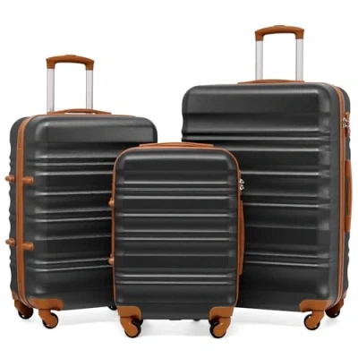 Abbildung von COOLIFE Hartschalen Koffer Trolley Rollkoffer Reisekoffer mit TSA Schloss und 4 Rollen (Schwarz/Braun, Set)