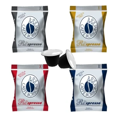 Abbildung von Caffè Borbone 4 x 50 Stück Kaffeekapseln Respresso, je Sorte Schwarz, Blau, Rot, Gold, kompatibel mit Nespresso
