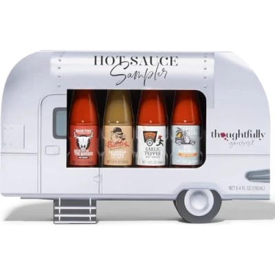 Abbildung von Thoughtfully Scharfe Saucen Geschenkset Street Food Truck Airstream Probierset Mit 4 Pikanten Chili Geschenk für Männer und Frauen