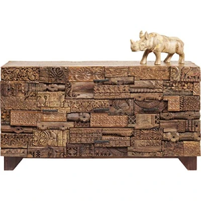 Abbildung von Kare Design Sideboard Shanti Surprise Puzzle Nature, braun, Lowboard, Unikat, 2 Türen, Mango Massivholz, handgeschnitzte Ornamente, 90x160x42cm (H/B/T)