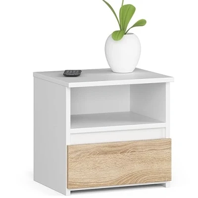 Abbildung von AKORD Nachttisch mit Schublade Nachtkommode, Nachtkästchen Schlafzimmer Schrank B40 x H40 T35 cm Weiß &amp; Sonoma Eiche Front
