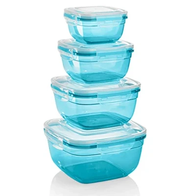 Abbildung von Grizzly 4er Set Frischhaltedosen (0,5L, 0,9L, 1,5L, 2,4L), quadratisch, Kunststoff, 100% luft /wasserdicht, mikrowellengeeignete Vorratsdosen, Petrol
