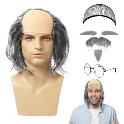 Abbildung von UILYNIU 7 Stück Opa Halbglatze Perücken Set Glatze Perücke Schnurrbart Bart Augenbrauen Brille Kappe Kostüm Herren Alter Mann Zubehör (7 Stück)