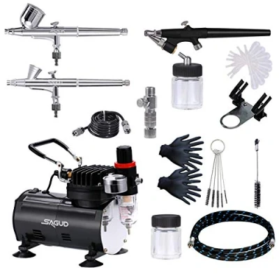 Abbildung von Sagud Airbrush Set mit Kompressor, Airbrushpistole Double Action inklusive 3 Airbrushes 0,2 mm 0,3 0,8 Düse und Nadel für Hobby, Modellbau, Nägel, Profi Starter