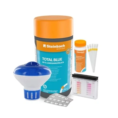 Abbildung von Steinbach Poolpflege Total Blue Starter Set inkl. 50er Teststreifen Kit, Dosierschwimmer &amp; Testkit für pH Wert/Chlor ideal zur Wasserkontrolle Poolwasser sauber und kristallklar