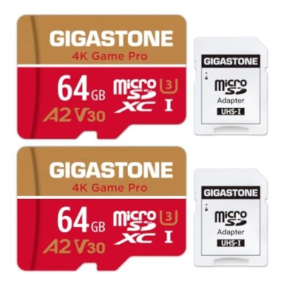 Abbildung von Gigastone 4K Game Pro 64GB MicroSDXC Speicherkarte 2er Pack und SD Adapter mit A2 App Leistung bis zu 95MB/s für Videoaufnahme, Kompatibel Switch, Micro Karte UHS I U3 V30 Klasse 10