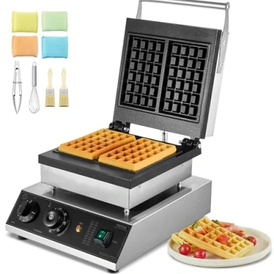 Abbildung von VEVOR kommerzielles Waffeleisen Waffelmaschine 2000 W antihaftbeschichtetes belgisches aus Edelstahl mit Temperatur und Zeitregelung, für Restaurant Bäckerei Snackbar 2 Stk. Waffeln