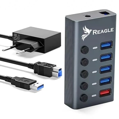 Abbildung von Reagle Aktiver USB A 3.2 Gen 1 Hub 5 in mit 4 Datenports, Ladeport (2.4A), Einzelschalter, LED Anzeige, 5Gbps Übertragung, Plug &amp; Play, inkl. 12V Netzteil, Aluminiumgehäuse
