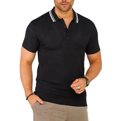 Abbildung von Soulstar Herren Strick Poloshirt Kurzarm T Shirt Polo Hemd Knit Oberteil mit Knopfleiste Golf Tennis Kontrast Stripes S2_KP 101 Black M