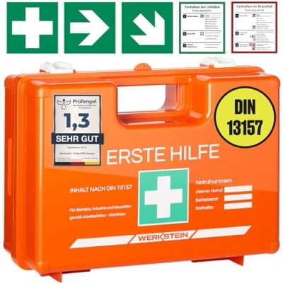 Abbildung von Werkstein Erste Hilfe Koffer DIN 13157:2021 Small Inkl. praktischer Wandhalterung, 3x Aufkleber, (Gesichtsmasken &amp; Feuchttücher Verbandskasten 13157 für Betriebe, 1 St), Einrichtungen Zuhause Orange