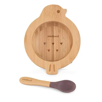 Abbildung von WOODEN BOWL CHICK, Babyschale aus FSC zertifiziertem Bambusholz, BLW geeignet, mit Saugnapf und Löffel weicher Silikonspitze