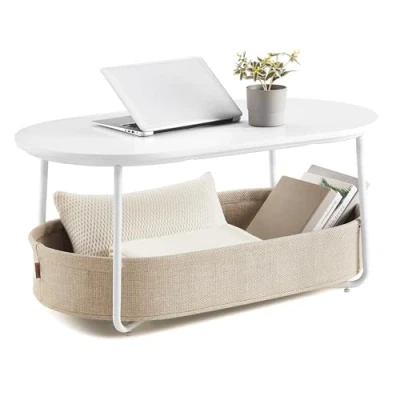 Abbildung von VASAGLE Couchtisch oval, Tisch mit Stauraum, Beistelltisch, Wohnzimmertisch Korb aus Stoff, modern, Metallrahmen, mattweiß Kamelbraun LCT222W10