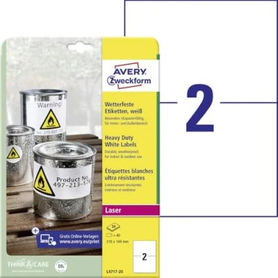 Abbildung von AVERY Zweckform L4717 20 Wetterfeste Folienetiketten (40 Klebeetiketten, 210x148mm auf A4, extrem stark selbstklebend, wasserfest, strapazierfähig, bedruckbare Outdoor Klebefolie) Blatt, weiß