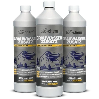 Abbildung von bio chem Grauwassertank Zusatz 3X 1000 ml Konzentrat Tank Reiniger für Schmutzwasser , Grauwasser und Abwasser von Wohnmobil, Wohnwagen Made in DE
