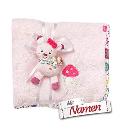 Abbildung von Fehn Rehkitz Schmusedecke mit Namen personalisiert (bestickt), Rosa, Kuscheldecke, als Krabbelunterlage, Schnuffeltuch oder Zudecke, 100x75 cm, Mädchen