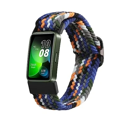 Abbildung von kwmobile Armband kompatibel mit Huawei Band 9 / 8 Nylon Fitnesstracker Sportarmband in Dunkelblau Gelb Grau Innenmaße von