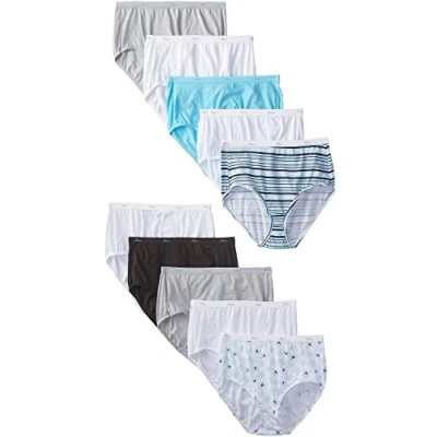 Abbildung von Hanes Damen Slip, Baumwolle, Vorteilspack, 10er Pack, sortierte Unterhosen (Farben können variieren), Einfarbig/Print Mix, 9