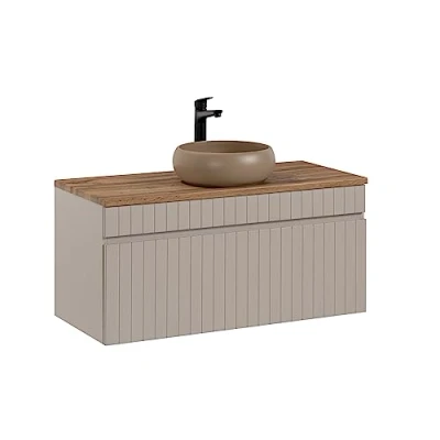 Abbildung von Waschbeckenunterschrank, 100 cm, Iconic Cashmere, Hängeschrank, Badezimmerschrank mit Arbeitsplatte, geriffelte Türen, Kaschmir (mit Arbeitsplatte aus Eichenholz)