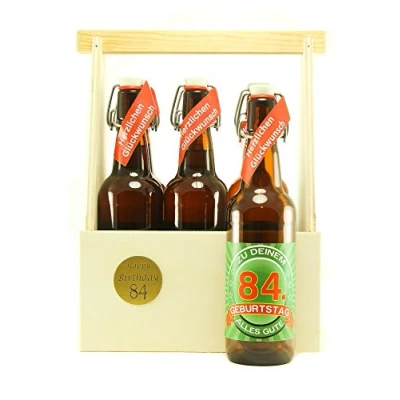 Abbildung von Bier Geschenk 6 er Holz Träger mit Fl. 84. Geburtstag