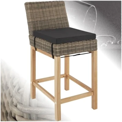 Abbildung von tectake® Alu Rattan Barhocker mit Lehne, Bar Hocker Kissen und Fußstütze, 45 x 62,5 99 cm, Outdoor Holz Beine, wetterfest, Bistro für Theke, Balkon, Garten, Terrasse Natur