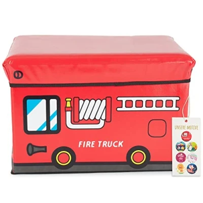 Abbildung von Bieco Aufbewahrungsbox mit Deckel Kinder Feuerwehr, faltbar, Sitzhocker Sitzgelegenheit, und Polsterung, Spielzeugkiste Stauraum, Sitztruhe, Jungen &amp; Mädchen, 47 L, Belastbar bis 80 Kg, rot