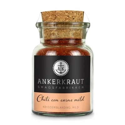 Abbildung von Ankerkraut chili con carne mild, krydderiblanding til mild carne, børnevenlig ret med sød paprika og cayennepeber, 80g i glas korklåg
