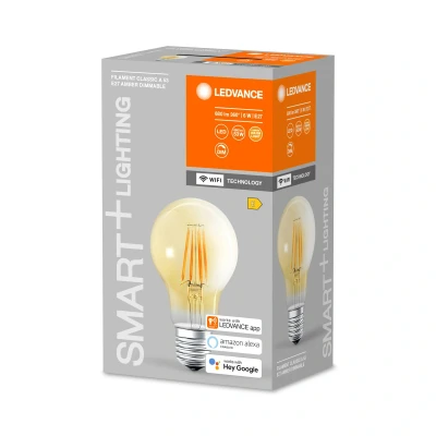 Abbildung von LEDVANCE Smarte LED Lampe mit WiFi Technologie für E27 Sockel, goldenes Glas ,Warmweiß (2400K), 680 Lumen, Ersatz herkömmliche 53W Leuchtmittel, smart dimmbar, 1 er Pack