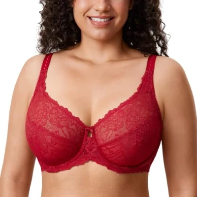 Abbildung von DELIMIRA Damen Minimizer BH Große Größen ohne Polster Vollschalen mit Spitze Dunkelrot 85G