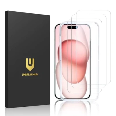 Abbildung von UNBREAKcable für iPhone 15 Panzer Schutz Glas [3er Pack], 9H Härte Schutzfolie, Einfache Installationshalterung Panzerfolie, Blasenfrei Apple 6,1&quot; Displayschutzfolie