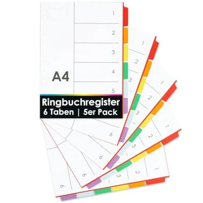 Abbildung von OfficeTree 5x Ringbuch Register DIN A4 mit 6 Taben für Ordner Farbig Trennblätter Karton Multilochung oder