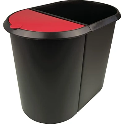 Abbildung von helit H6103992 Papierkorb „the double“, 20 Liter/9 Liter, oval, umlaufender Griffrand, schwarz / rot, Mülleimer 2 Fächer