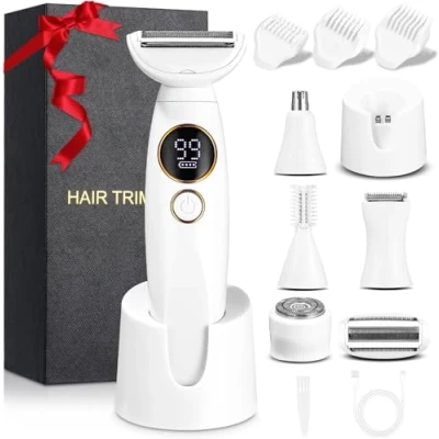 Abbildung von Rasierer Damen, 5 in 1 Intimrasierer für Frauen, Damenrasierer Elektrisch, mit USB Ladestation, Damen Körper, Achseln, Bikini, Augenbrauen und Nase, Aufladung