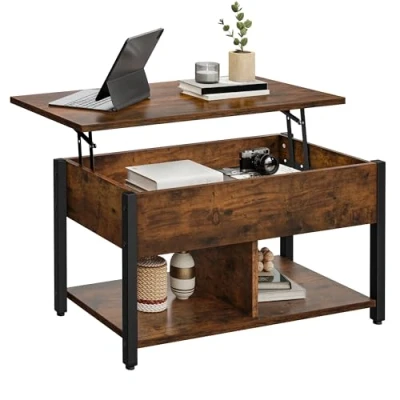 Abbildung von YITAHOME Couchtisch mit Anhebbarer Platte, Leicht Anzuheben, 2 Stufiger Stauraum, Höhenverstellbarer Verstecktem Staufach und Ablagefläche für Wohnzimmer, Büro, Vintage Braun